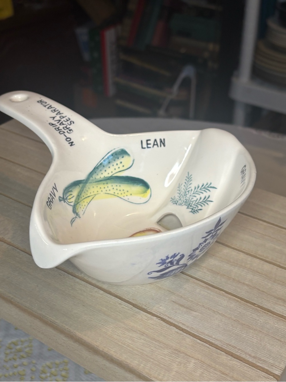 Vintage Ceramic Gravy Boat with Blue Floral and Yellow Corn Motif